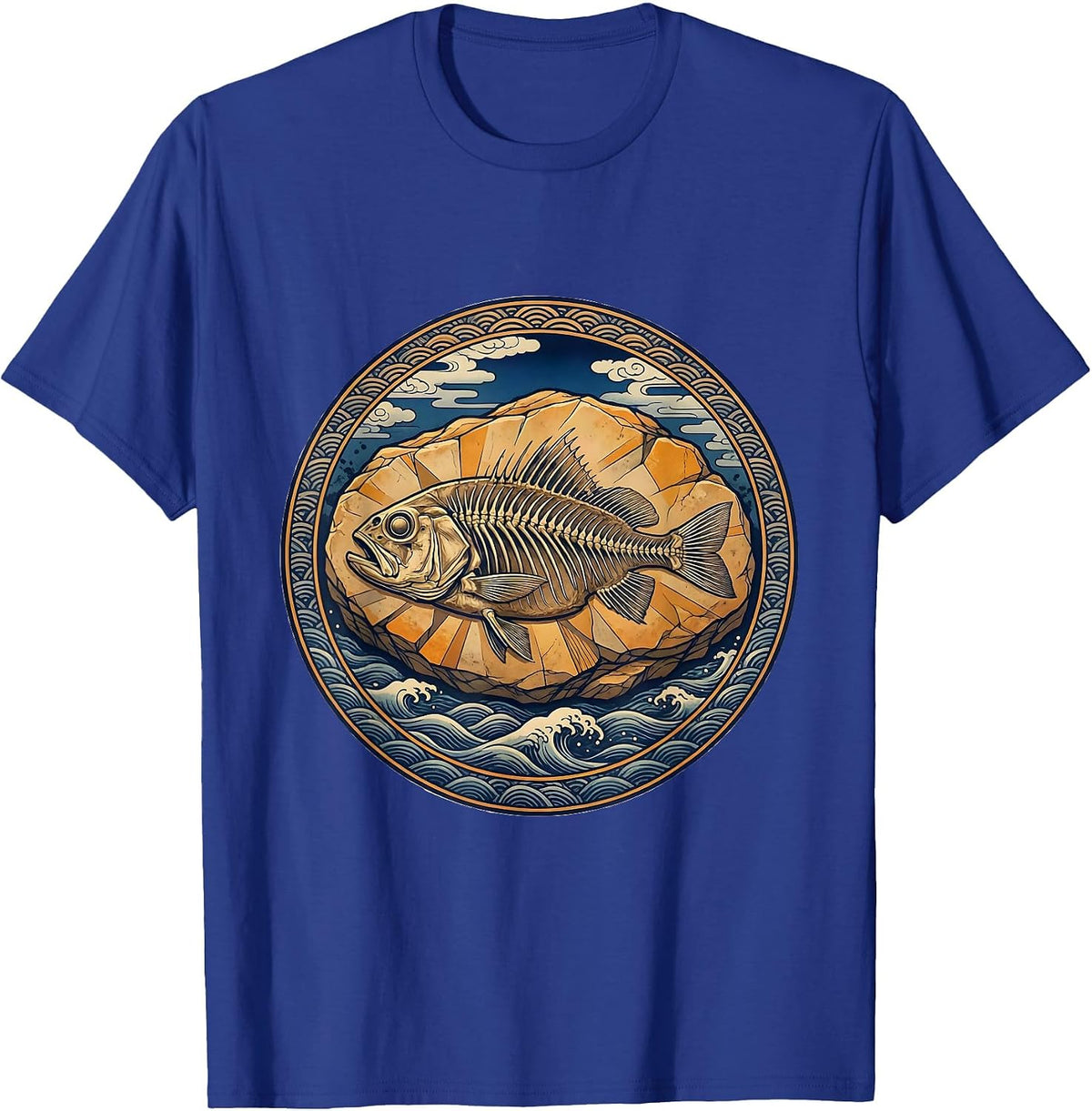 Skeletal Fish Fossil Stone Slab Graphic Tee T-Shirt - Royal Blue