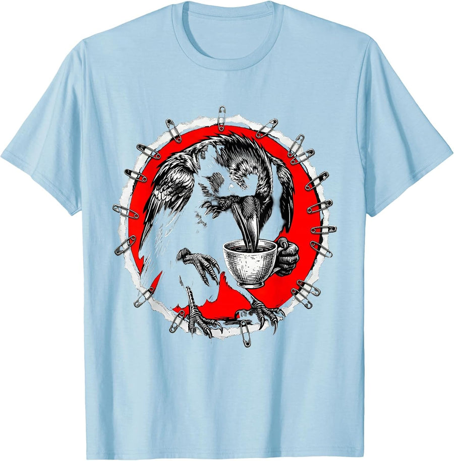 Men's Crow Drinking From a Tiny Teacup Illustration T-Shirt - Baby Blue