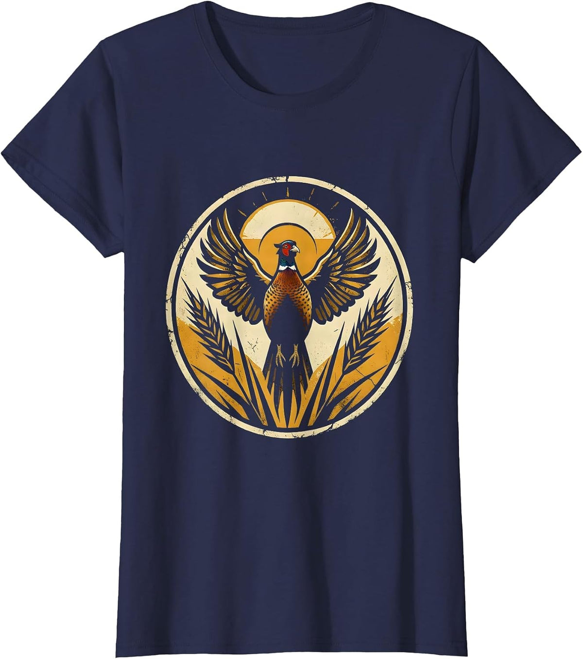 Women's Pheasant Flush Upland Bird Hunting Illustration T-Shirt - Navy Blue