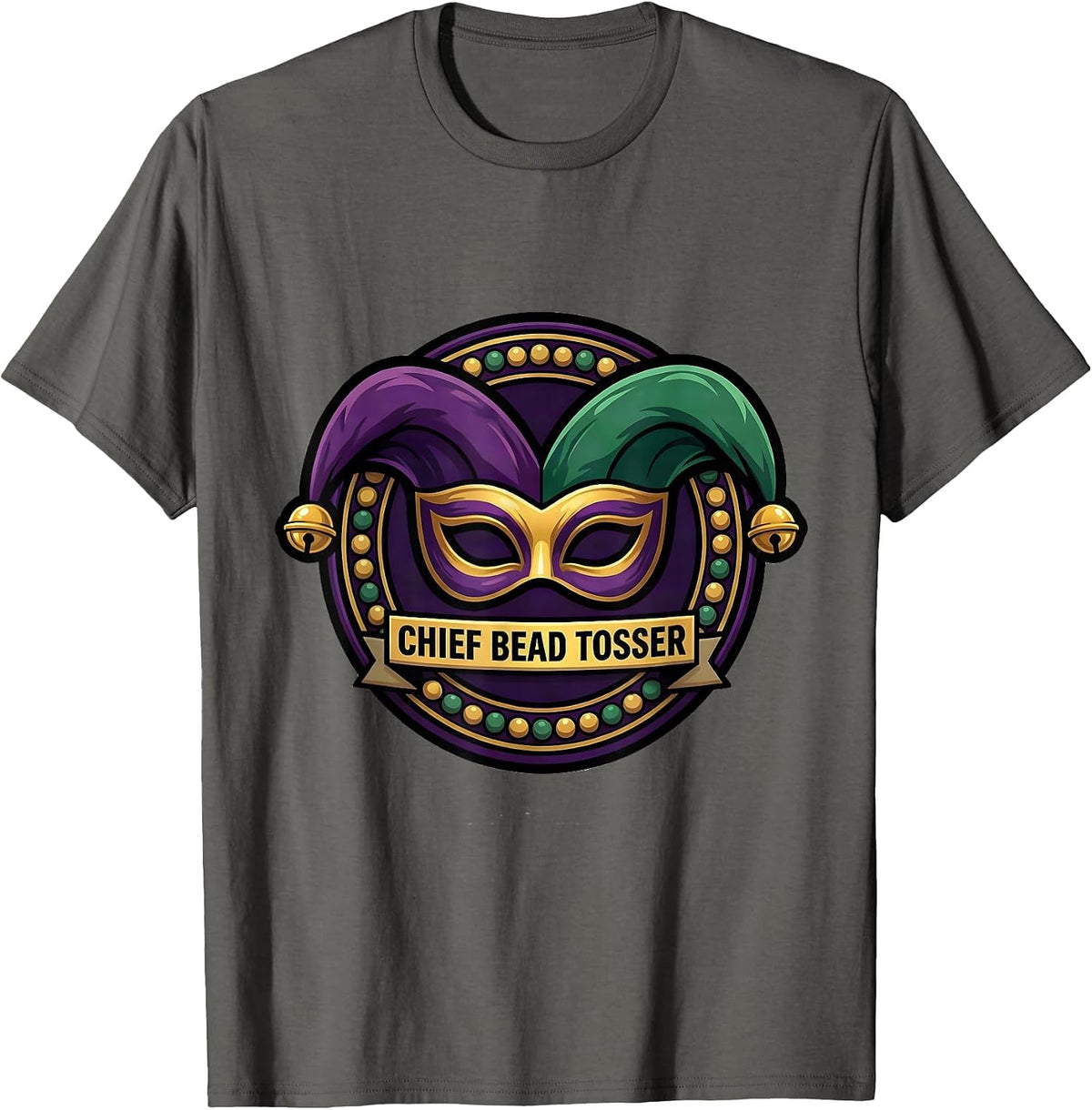 Men's Chief Bead Tosser Cartoon Mardi Gras Carnival Party Costume T-Shirt - Asphalt Grey