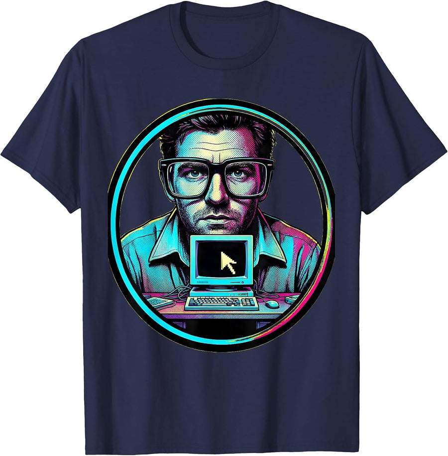 80s Computer Nerd Thick-Framed Glasses Retro Graphic T-Shirt - Navy Blue