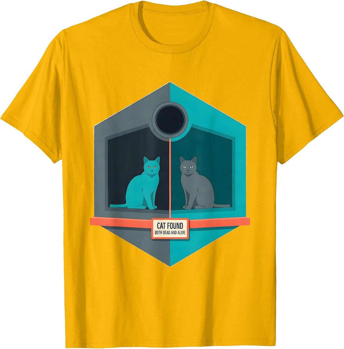 Men's Cat Found Both Dead And Alive Quantum Physics Humor T-Shirt - Golden Yellow