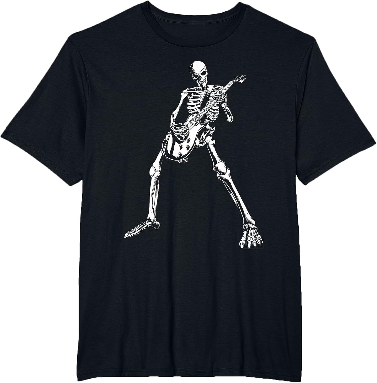 Skeleton Playing Electric Guitar Solo Halloween Rock Music T-Shirt - Black