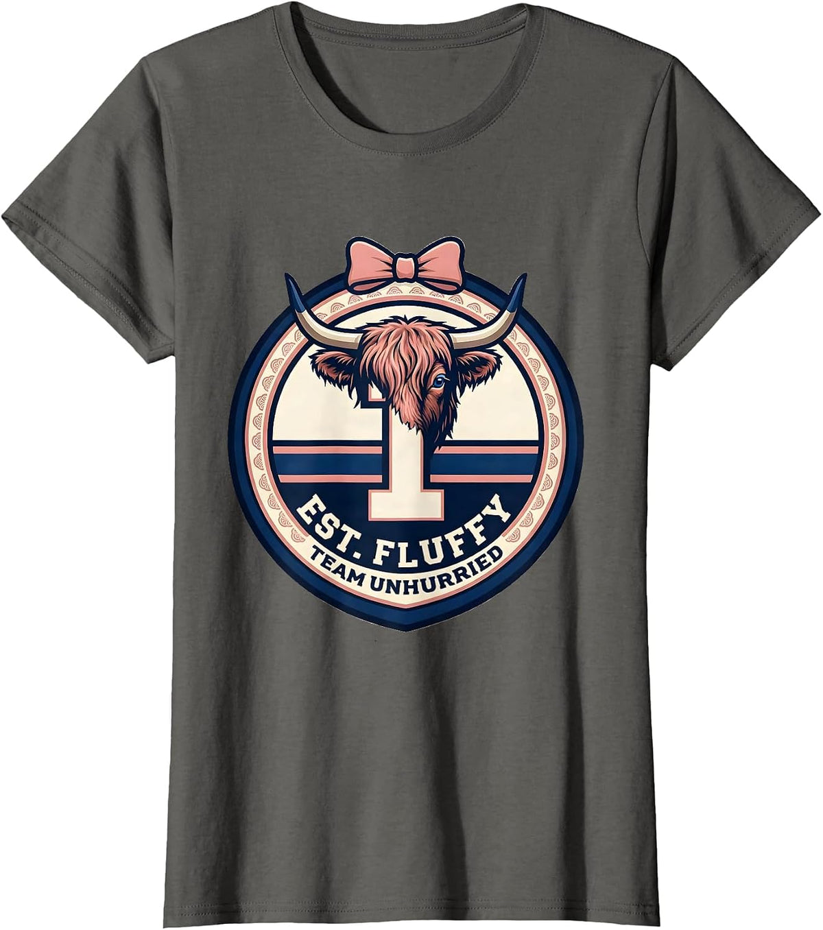 Women's Est. Fluffy Team Unhurried Funny Highland Cow Sassy Humor T-Shirt - Asphalt Grey