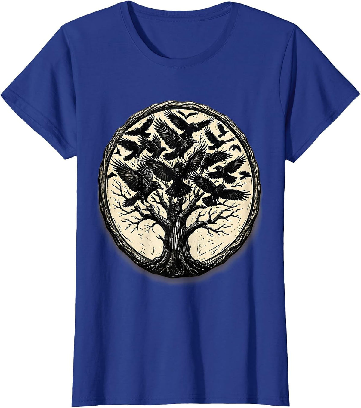 Women's Flock of Crows Bursting From Dead Tree T-Shirt - Royal Blue