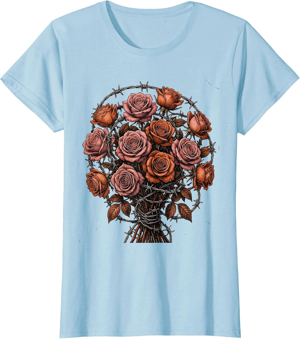 Roses and Barbed Wire 80s Rock Graphic T-Shirt - Baby Blue