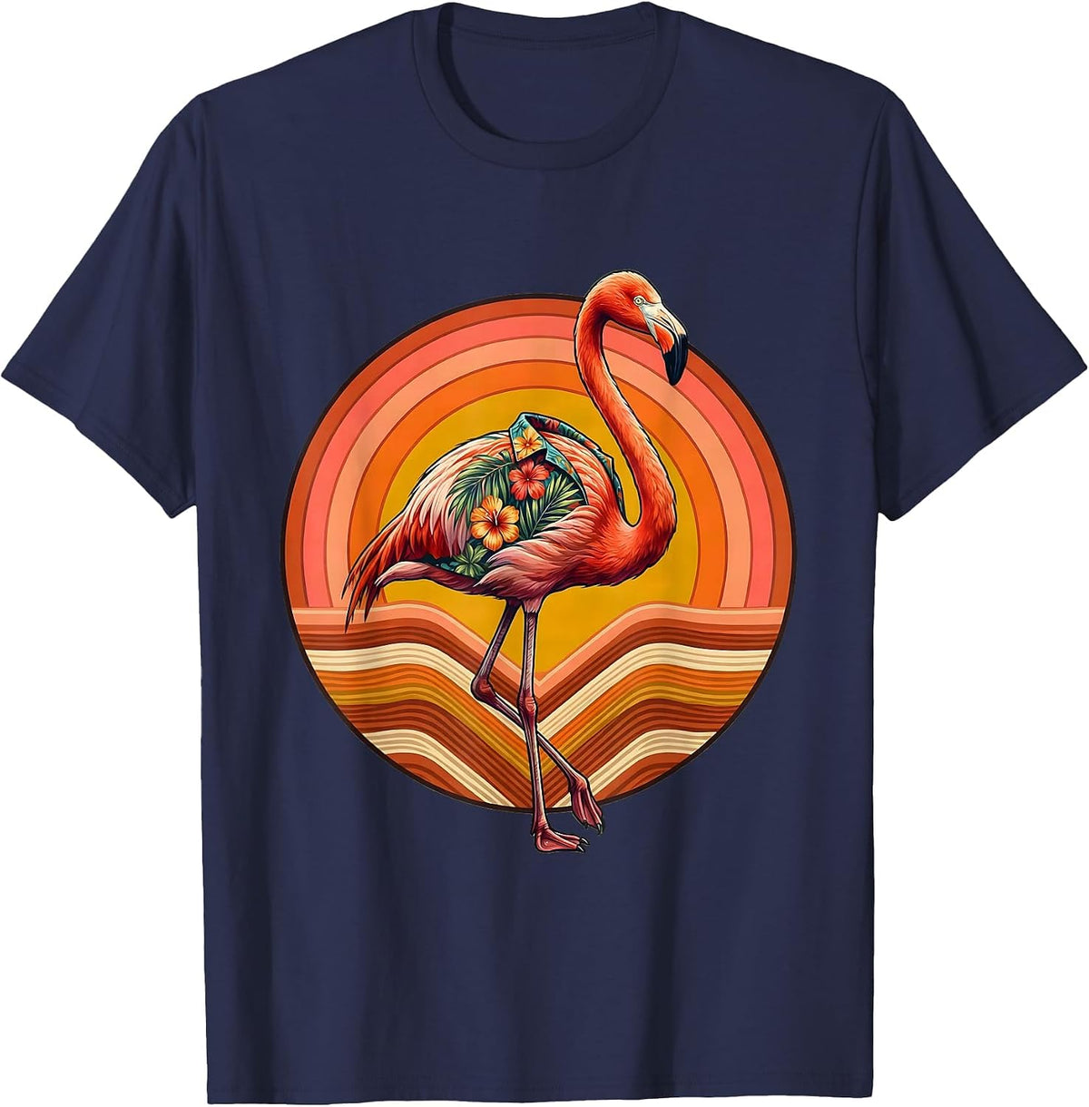 Flamingo in Floral Hawaiian Shirt Graphic T-Shirt - Navy Blue