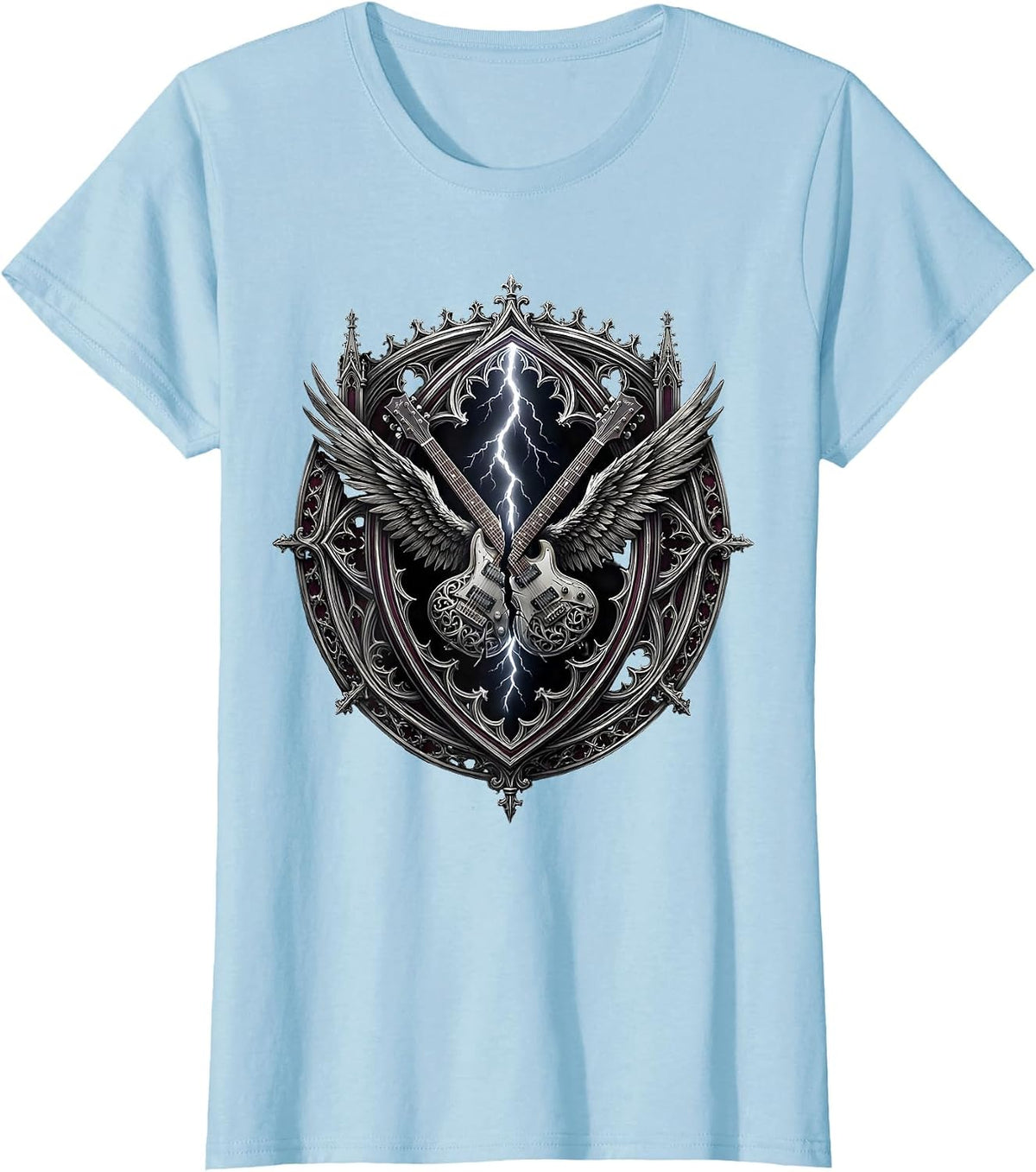 Lightning Bolt Flying V Guitar Rock Graphic T-Shirt - Baby Blue