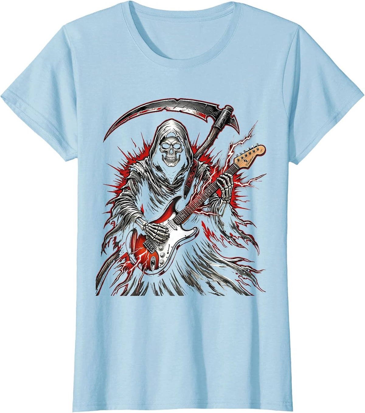 Women's Grim Reaper Electric Guitar Rock Halloween Design T-Shirt - Baby Blue