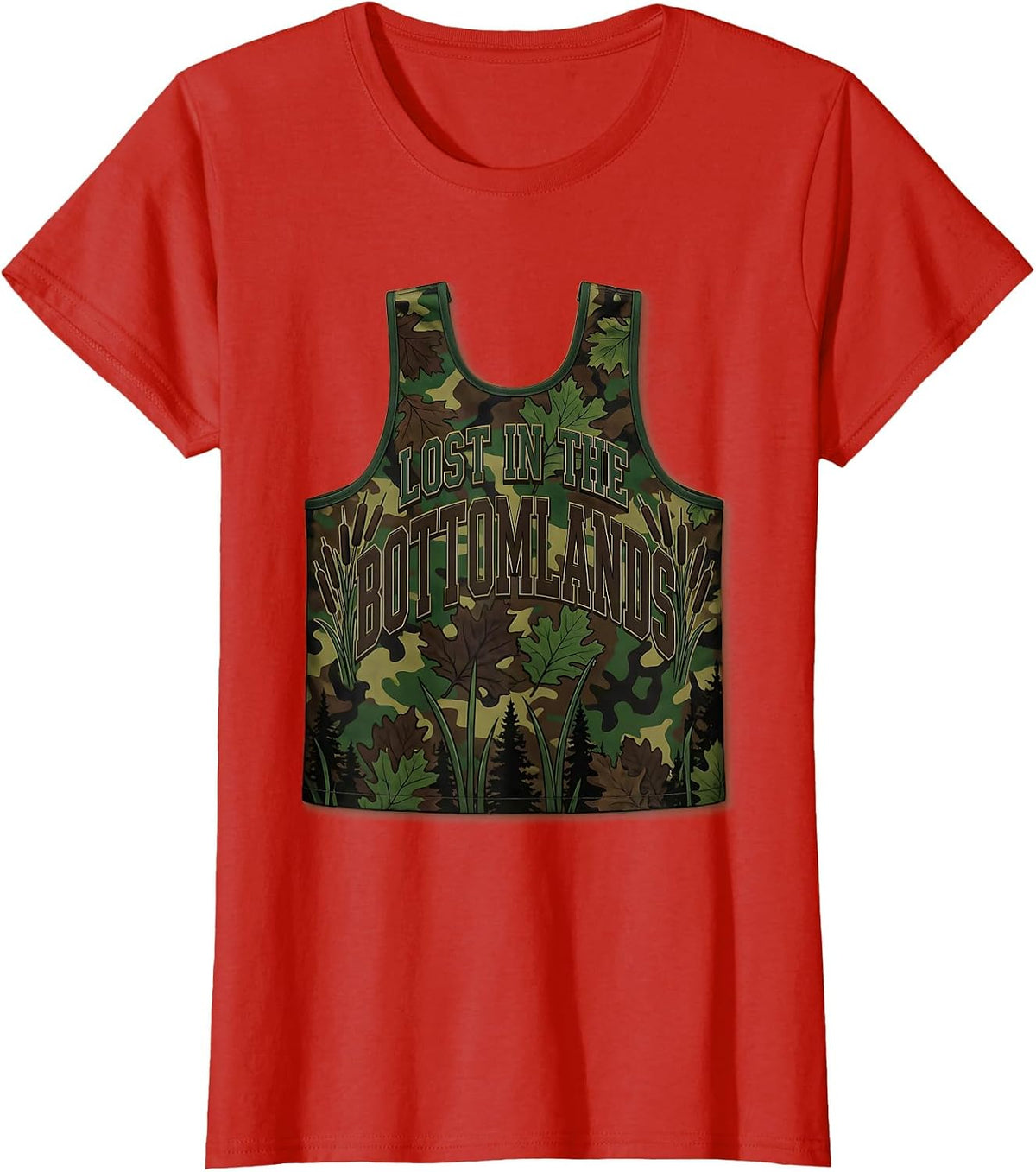 Lost in the Bottomlands Camo Hunting Design T-Shirt - Red