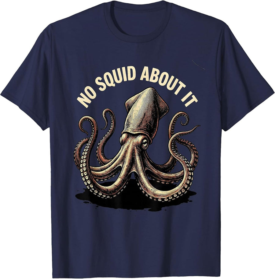 No Squid About It Distressed Octopus Lover Sea Monster Humor T-Shirt - Navy Blue