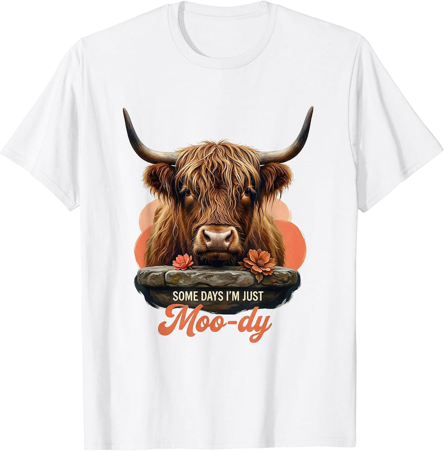 Some Days I'm Just Moo-dy Funny Highland Cow Floral Humor T-Shirt - White