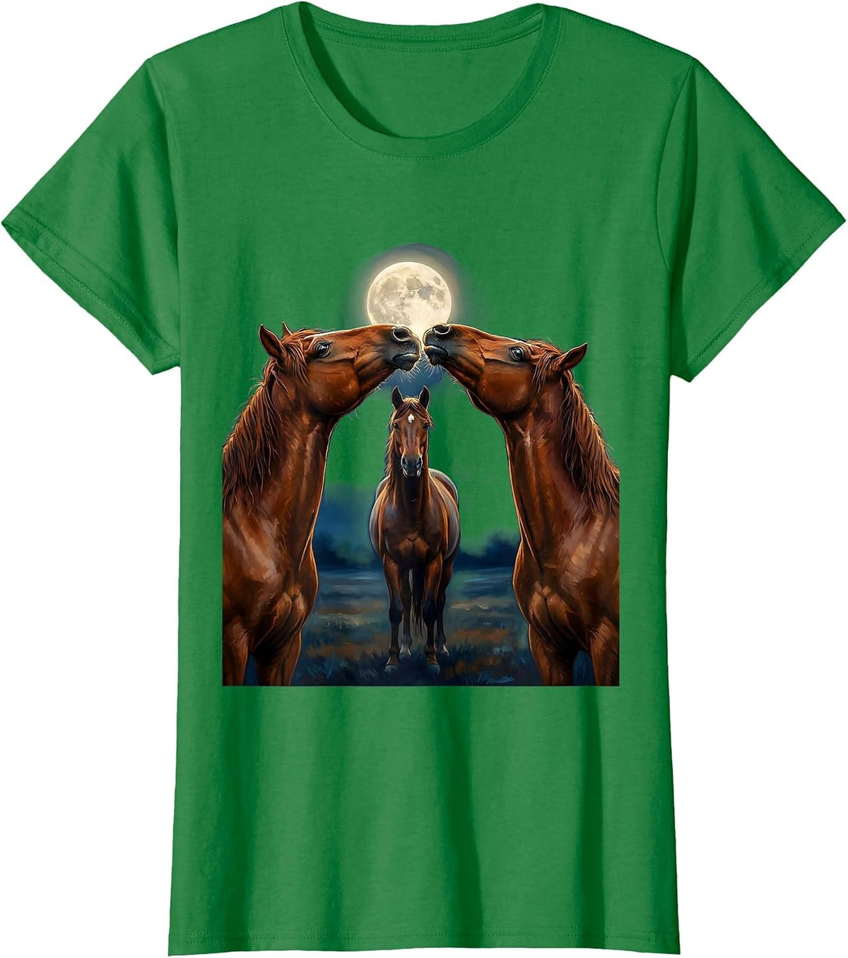 Women's Three Horses Howling At The Moon Funny Horse Lover T-Shirt - Kelly Green