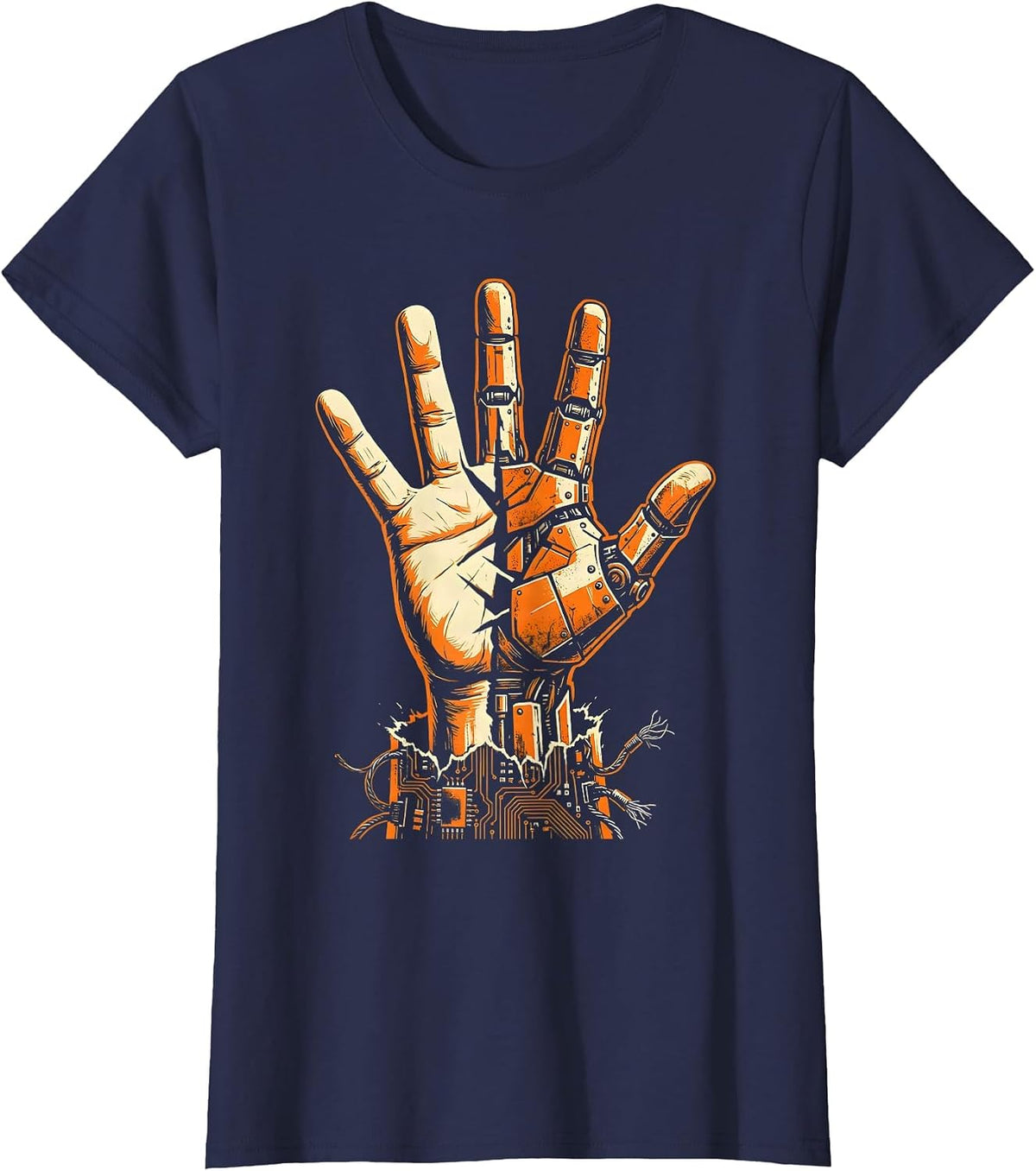 Women's Cyberpunk Half-Machine Hand Reaching Upward T-Shirt - Navy Blue