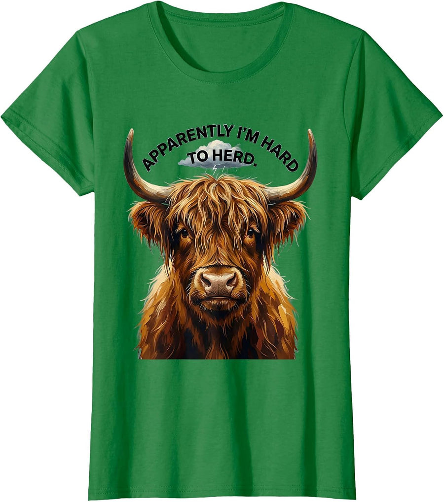 Women's Apparently I'm Hard To Herd Highland Cow Whimsical Humor T-Shirt - Kelly Green