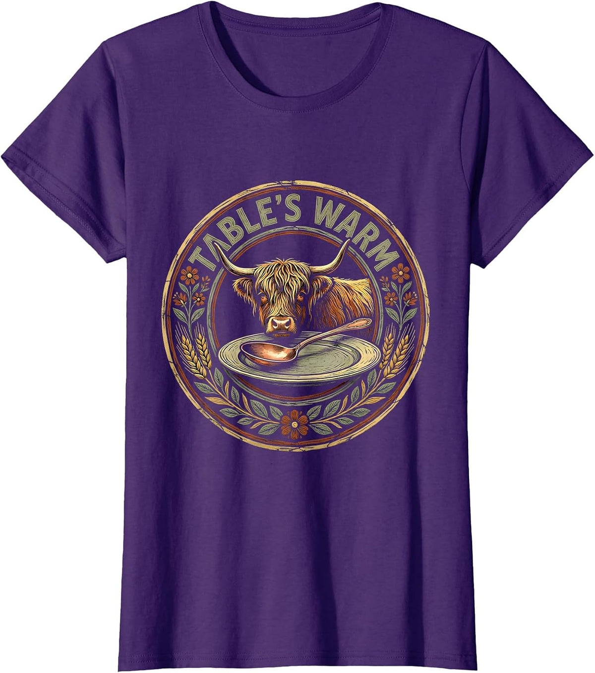 Women's Table's Warm Boho Folk Highland Cow Thanksgiving Gratitude T-Shirt - Purple