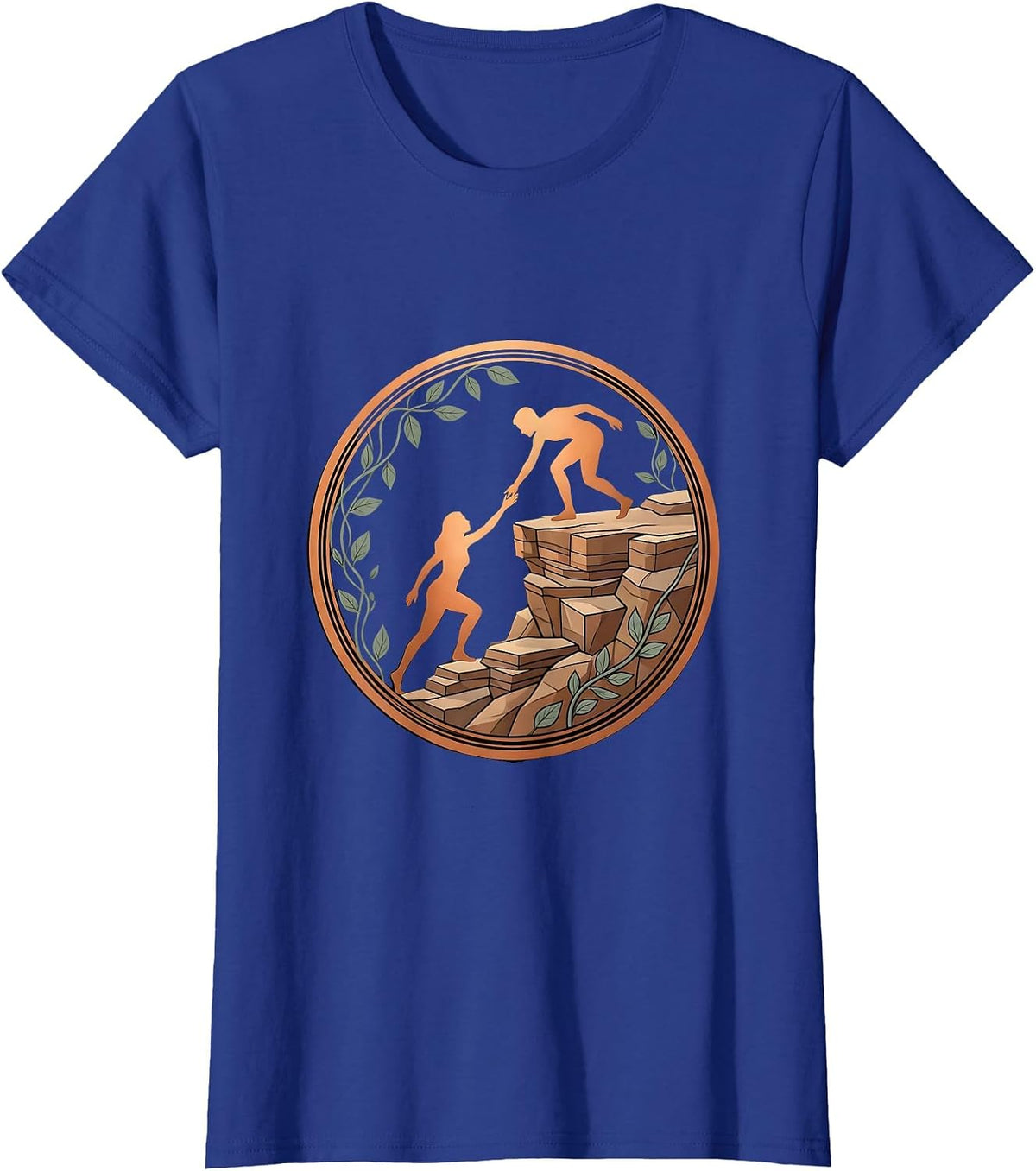 Women's Helping Hand Human Figure Cliff Climbing Graphic T-Shirt - Royal Blue