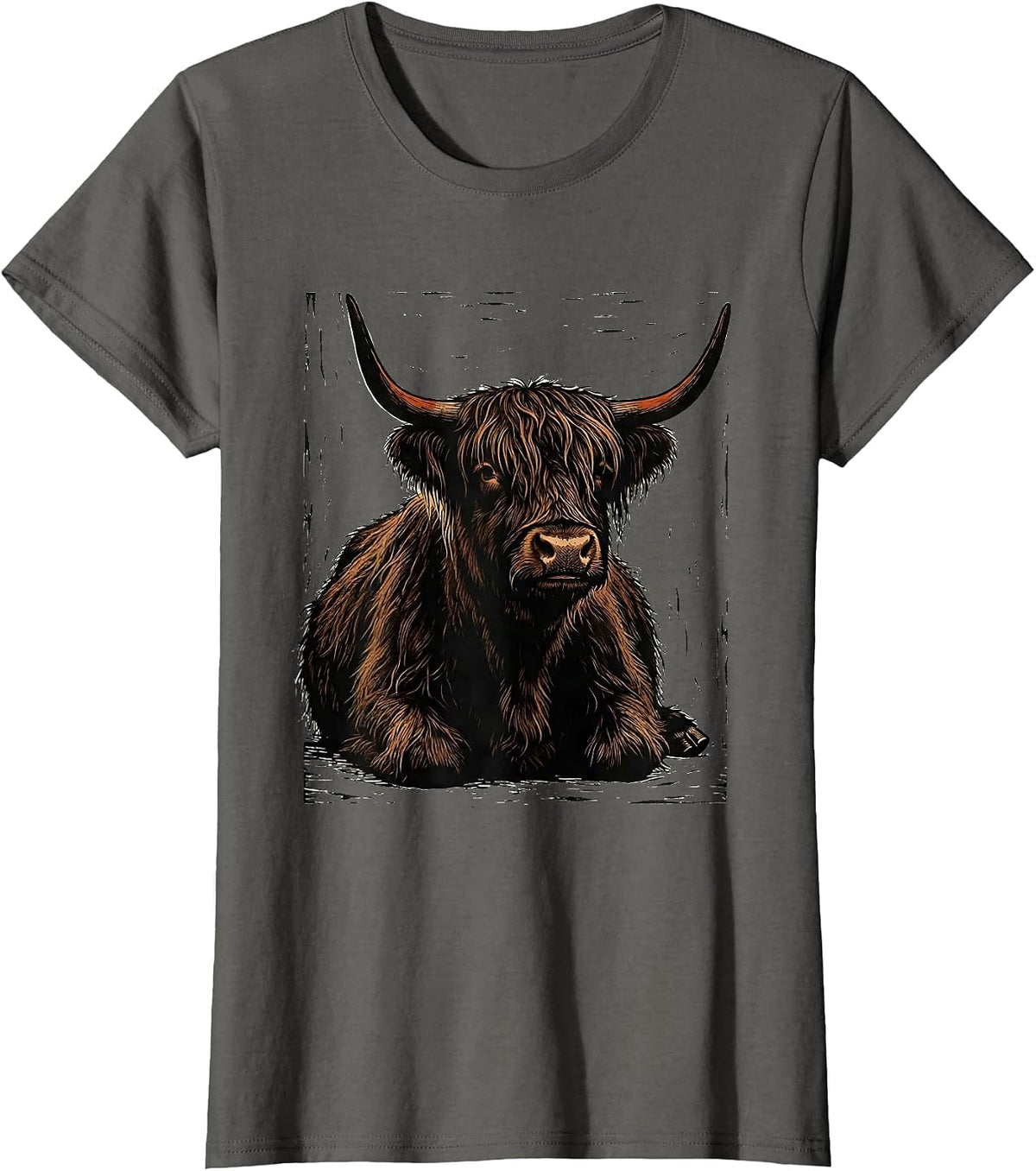 Women's Lounging Highland Cow Linocut Cute Cow Lover Graphic T-Shirt - Asphalt Grey