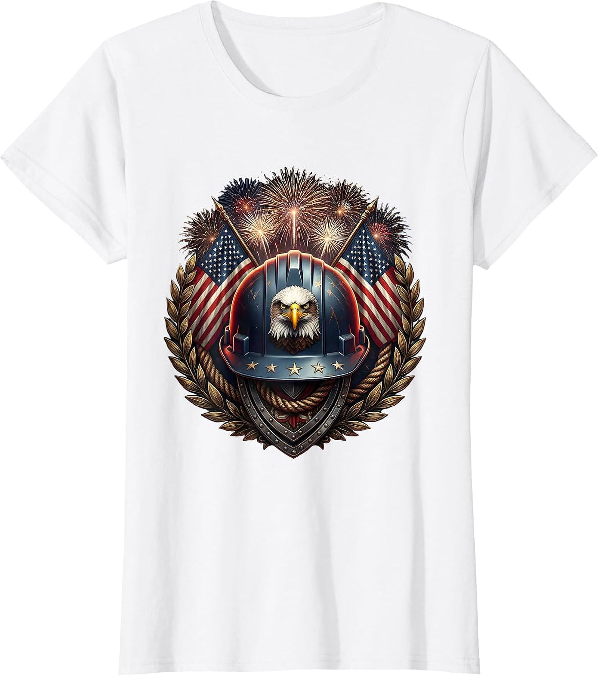 Stars and Stripes Hard Hat Labor Day Patriotic T-Shirt - White