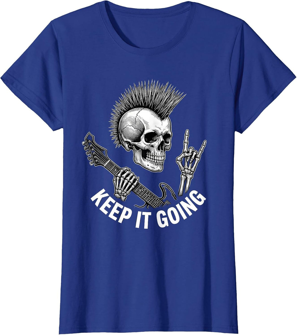 Women's Keep It Going Punk Rock Skeleton Skull Guitar Halloween T-Shirt - Royal Blue
