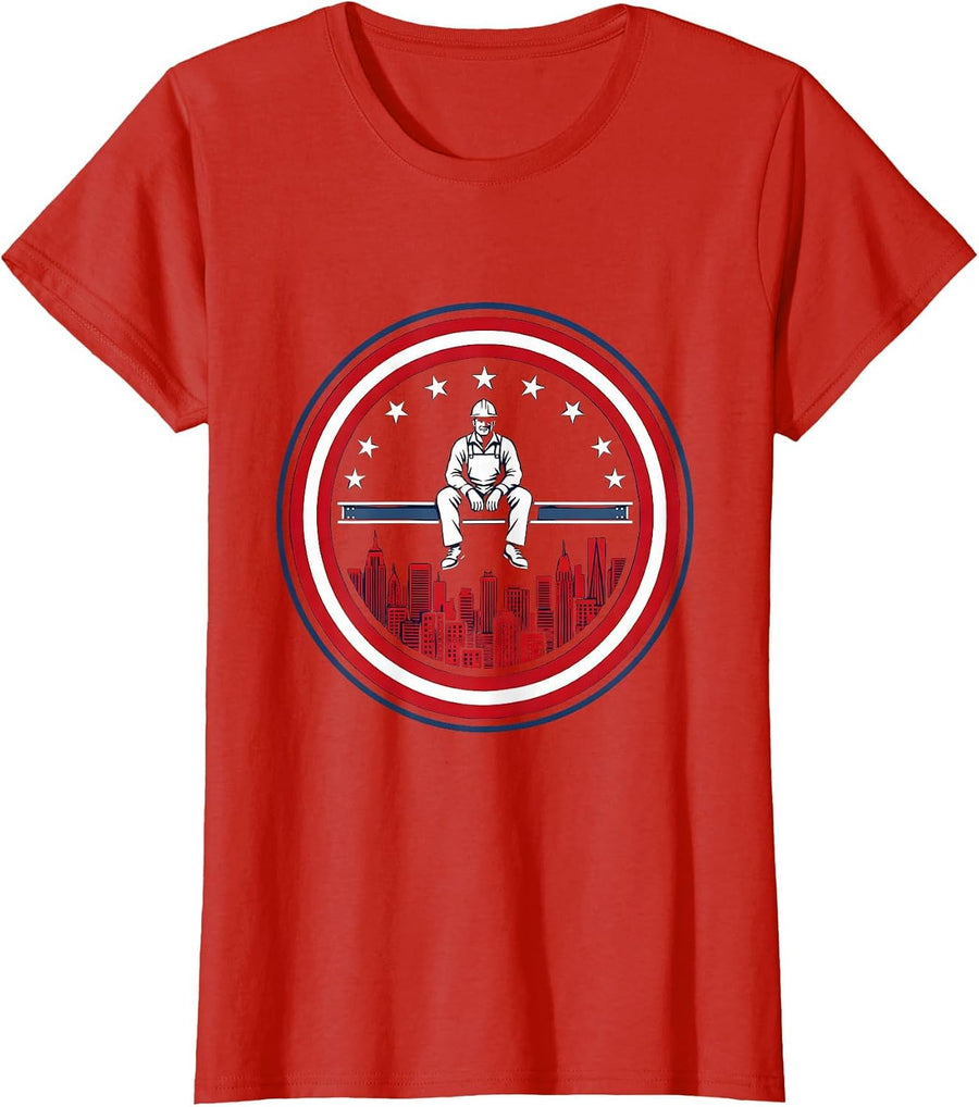 Women's Steelworker Silhouette City Skyline Beam Design T-Shirt - Red