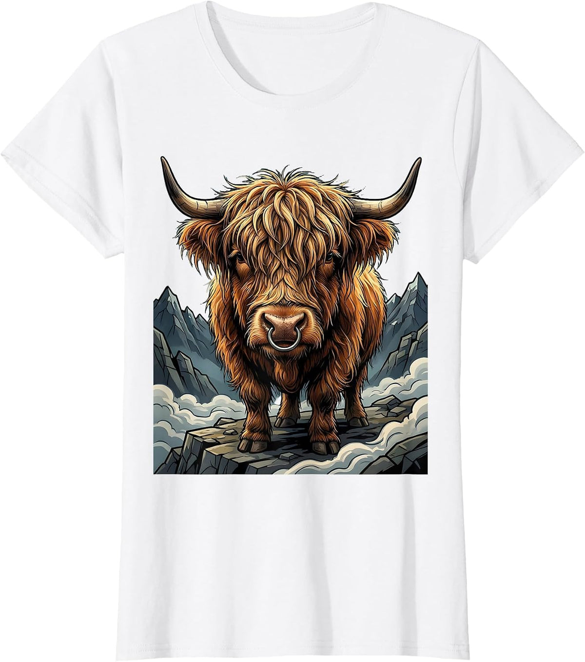 Highland Cow Misty Mountain Illustration T-Shirt - White