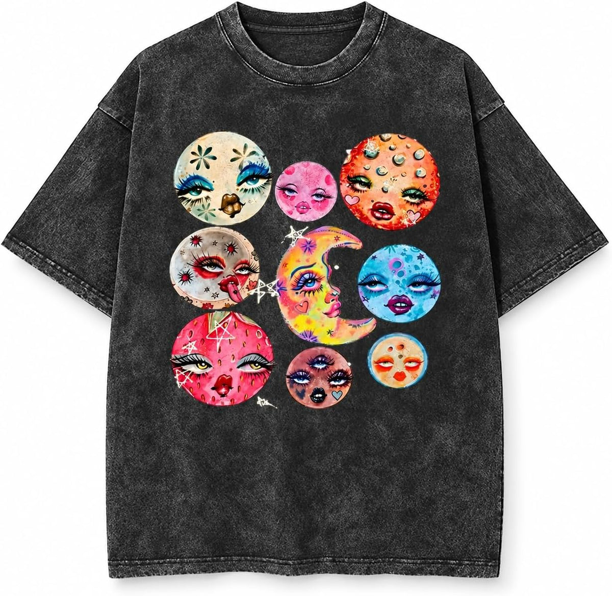 Trippy Face Moon Planet Art Vintage Washed Graphic Tee - Black