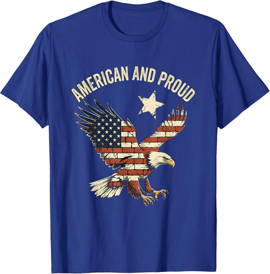 American And Proud Distressed Patriotic Bald Eagle USA Flag T-Shirt - Royal Blue