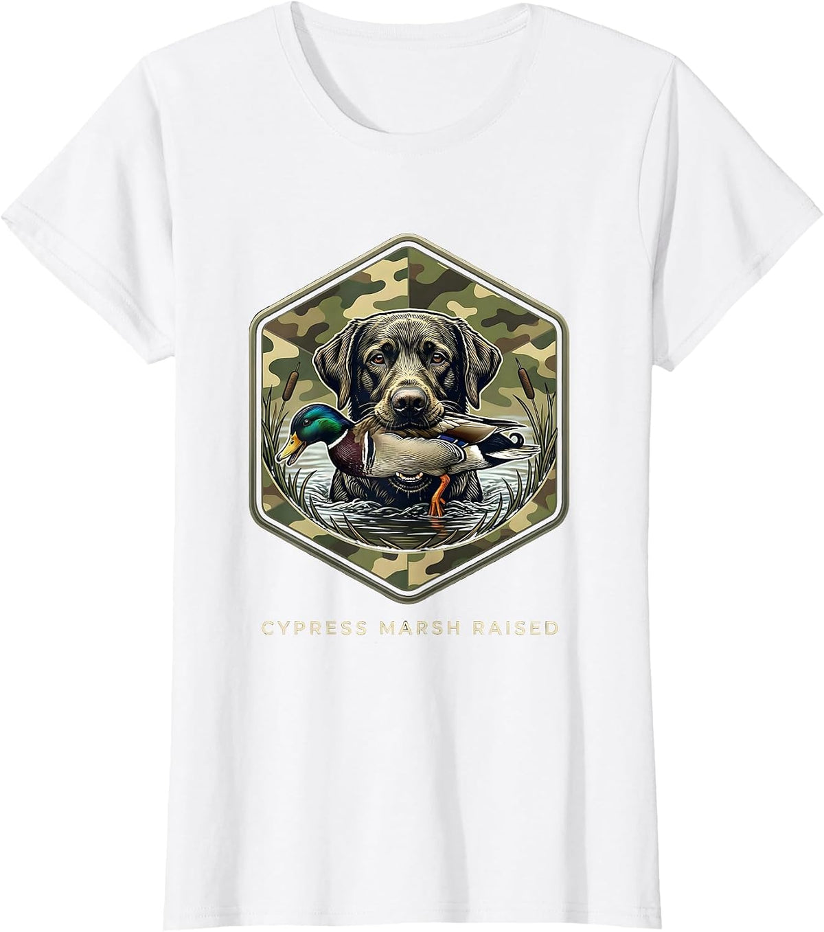 Cypress Marsh Raised Hexagonal Badge Labrador Duck Hunting T-Shirt - White