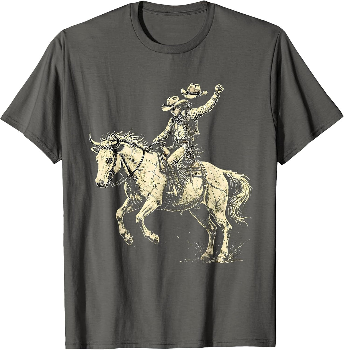 Men's Cowgirl Riding Bucking Bronco Rodeo Illustration T-Shirt - Asphalt Grey