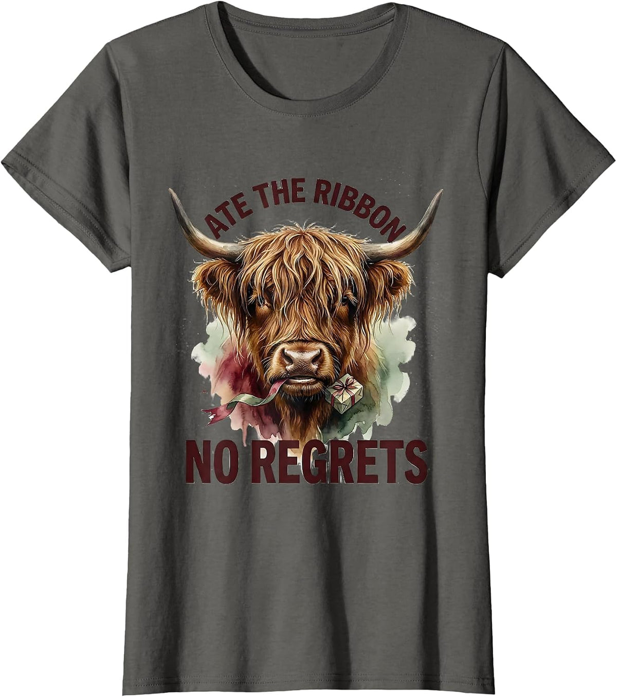 Women's Ate The Ribbon, No Regrets Watercolor Highland Cow Christmas T-Shirt - Asphalt Grey