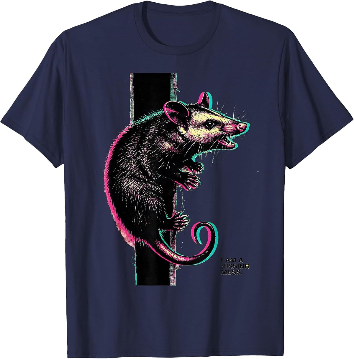 Men's I Am A Hissing Mess Risograph Opossum Meme Absurdist Humor T-Shirt - Navy Blue