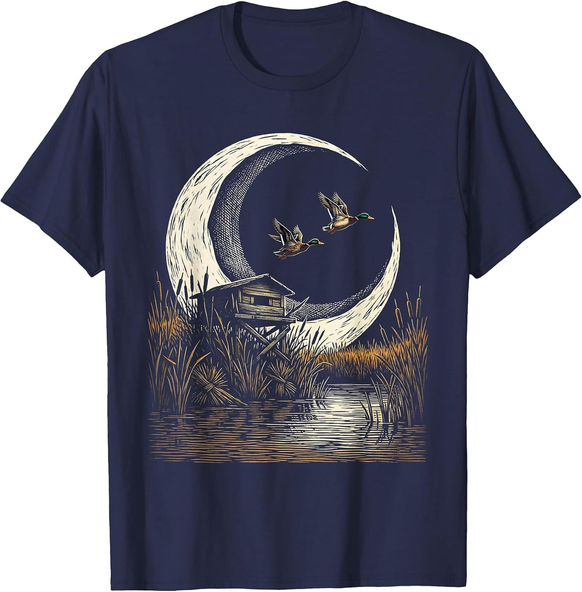 Men's Crescent Moon Duck Blind Silhouette Hunting Design T-Shirt - Navy Blue