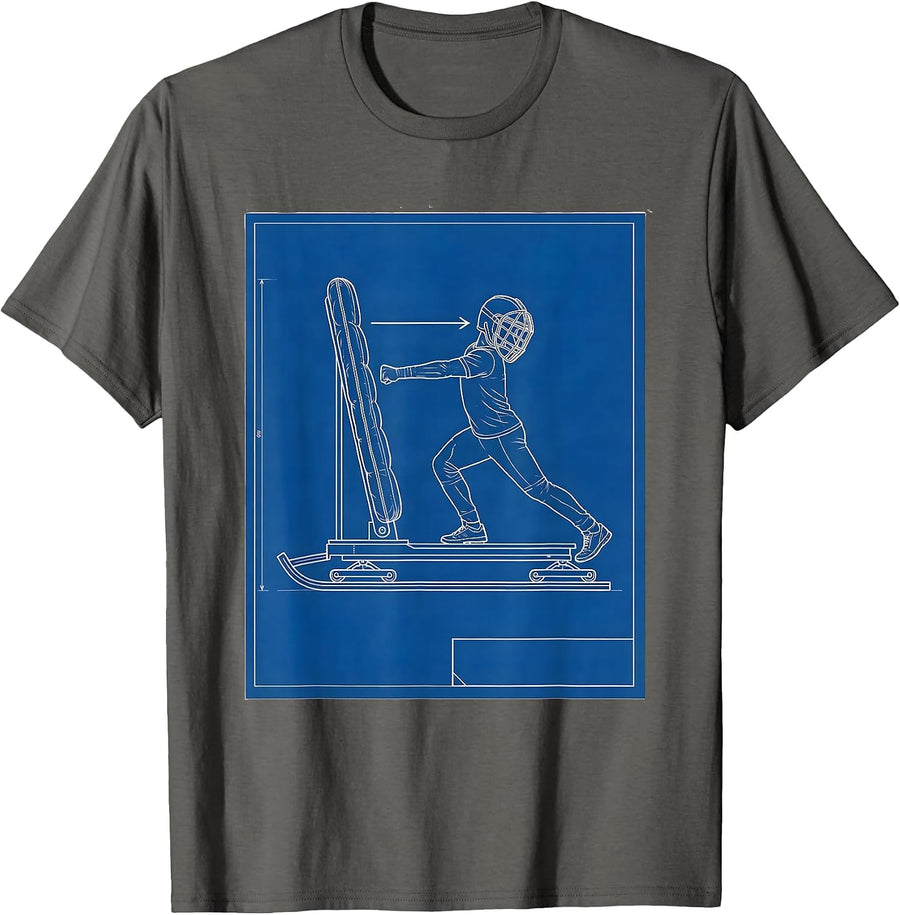 Blocking Sled Rig Football Lineman Technical Blueprint T-Shirt - Asphalt Grey
