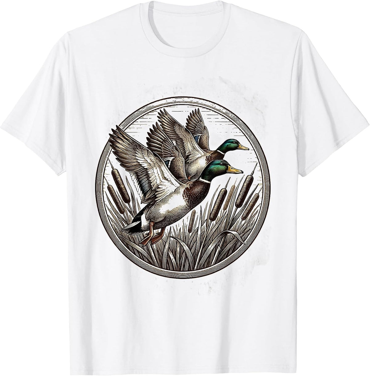 Men's Duck Flying V-Formation Over Cattails Illustration T-Shirt - White