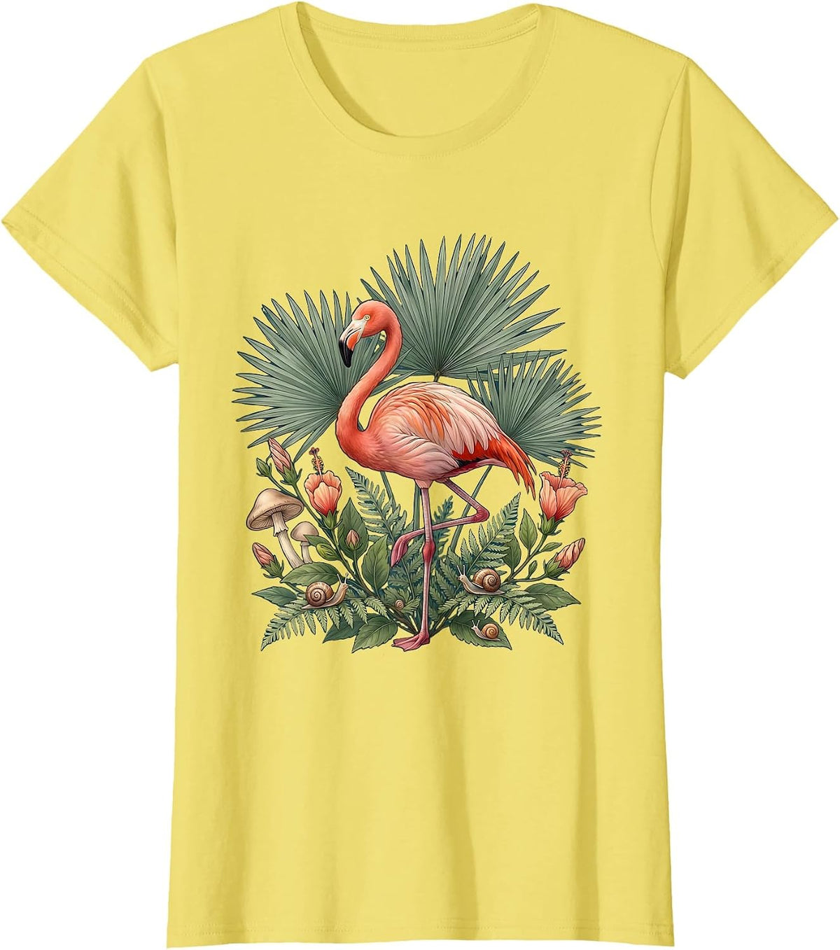 Women's Flamingo Among Palm Fronds Hawaiian Design T-Shirt - Lemon Yellow