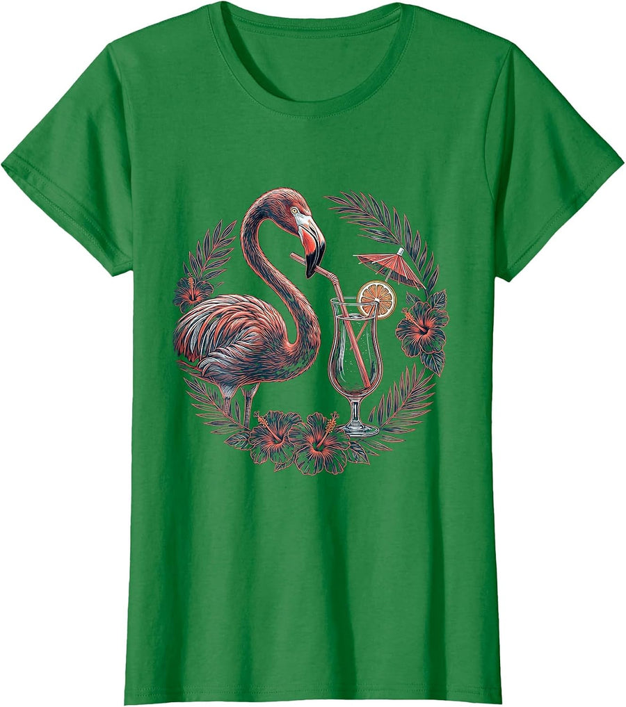 Women's Flamingo Sipping Cocktail Tropical Art T-Shirt - Kelly Green