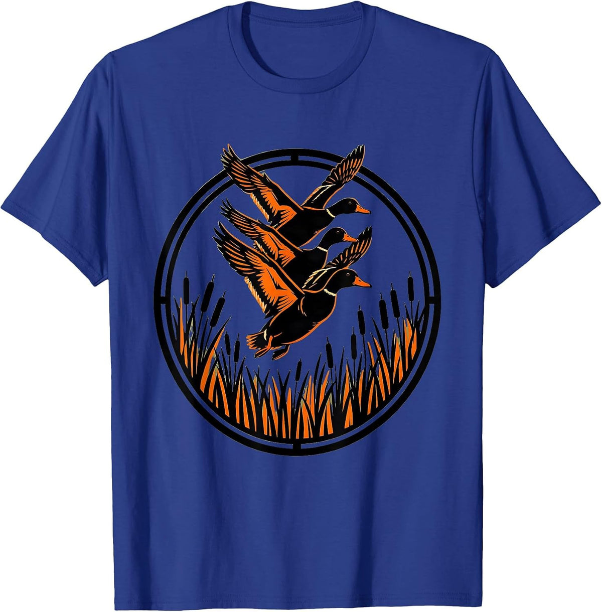 Men's Duck Camo Flock Over Misty Wetlands Illustration T-Shirt - Royal Blue