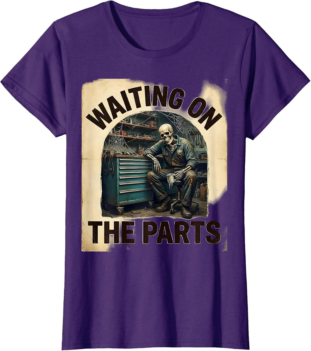 Women's Waiting On The Parts Vintage Skeleton Mechanic Auto Repair T-Shirt - Purple