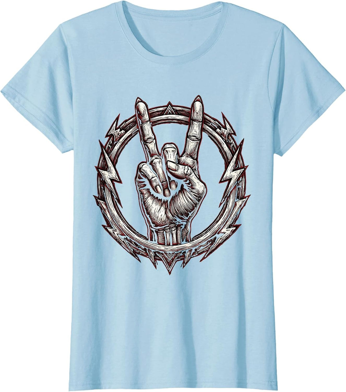 Women's Skeletal Devil Horns Rock And Roll Hand Sign T-Shirt - Baby Blue