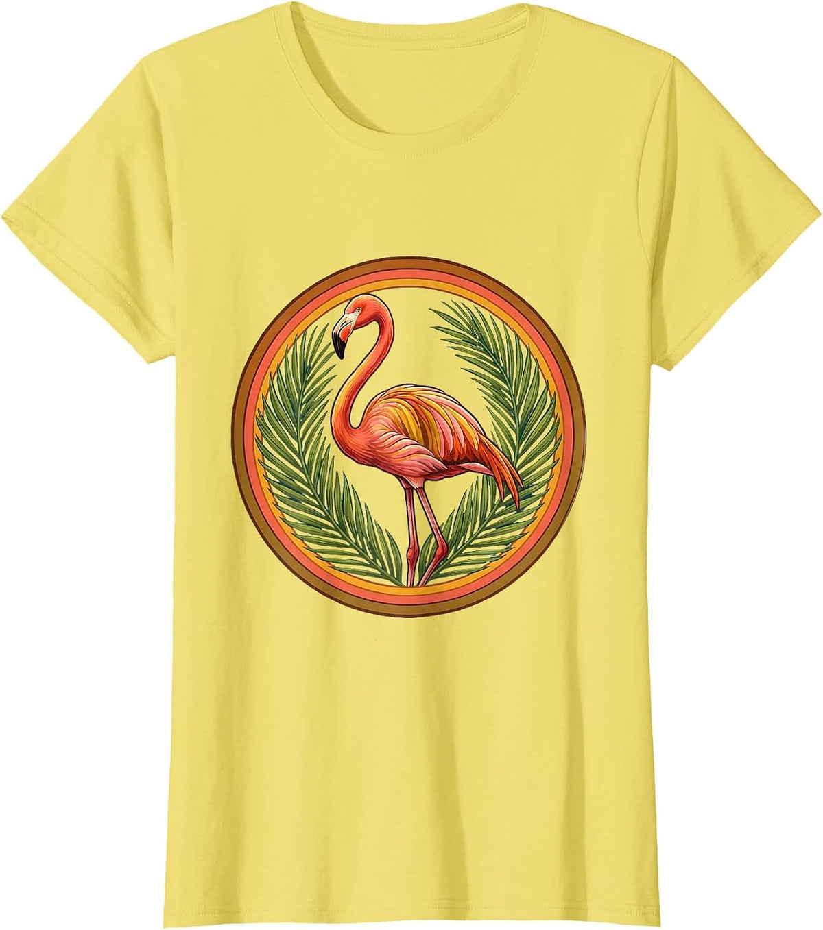 Tropical Flamingo Palm Leaves Hawaiian Design T-Shirt - Lemon Yellow