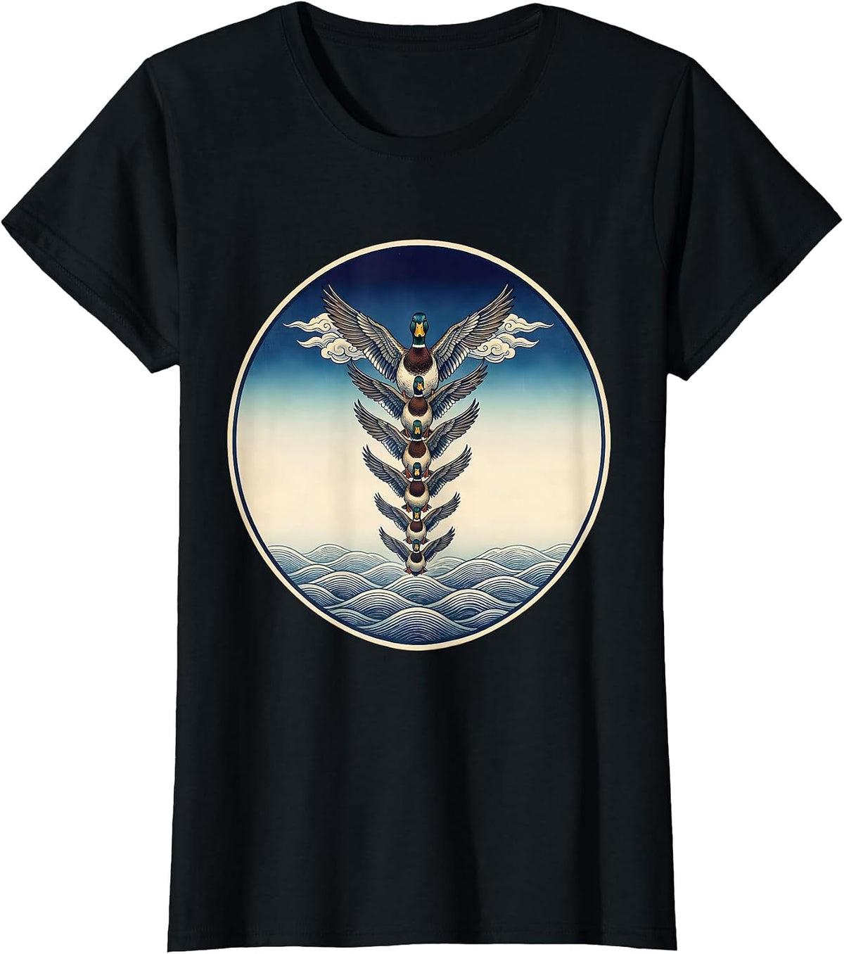 Women's Flock of Ducks V Formation Flying Illustration T-Shirt - Black