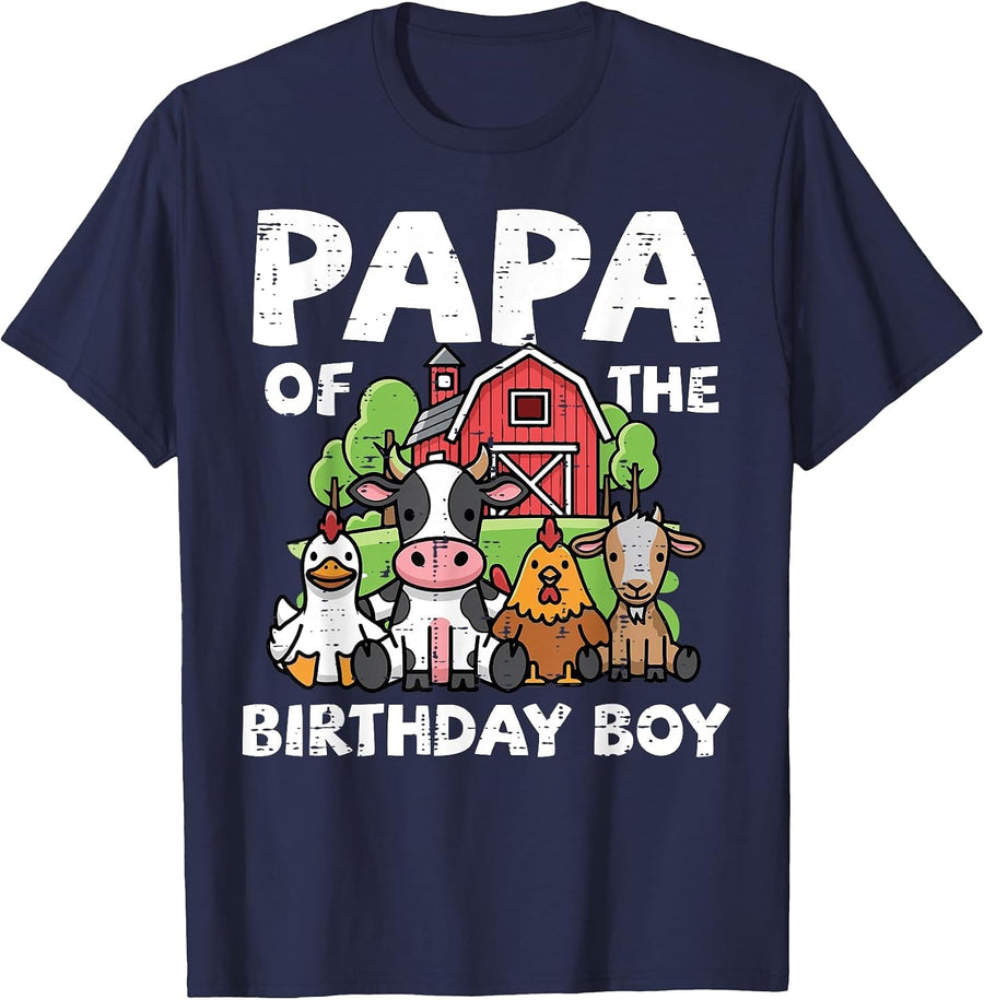 Papa of Birthday Boy Farm Animals Family Party Dad Men T-Shirt - Navy Blue