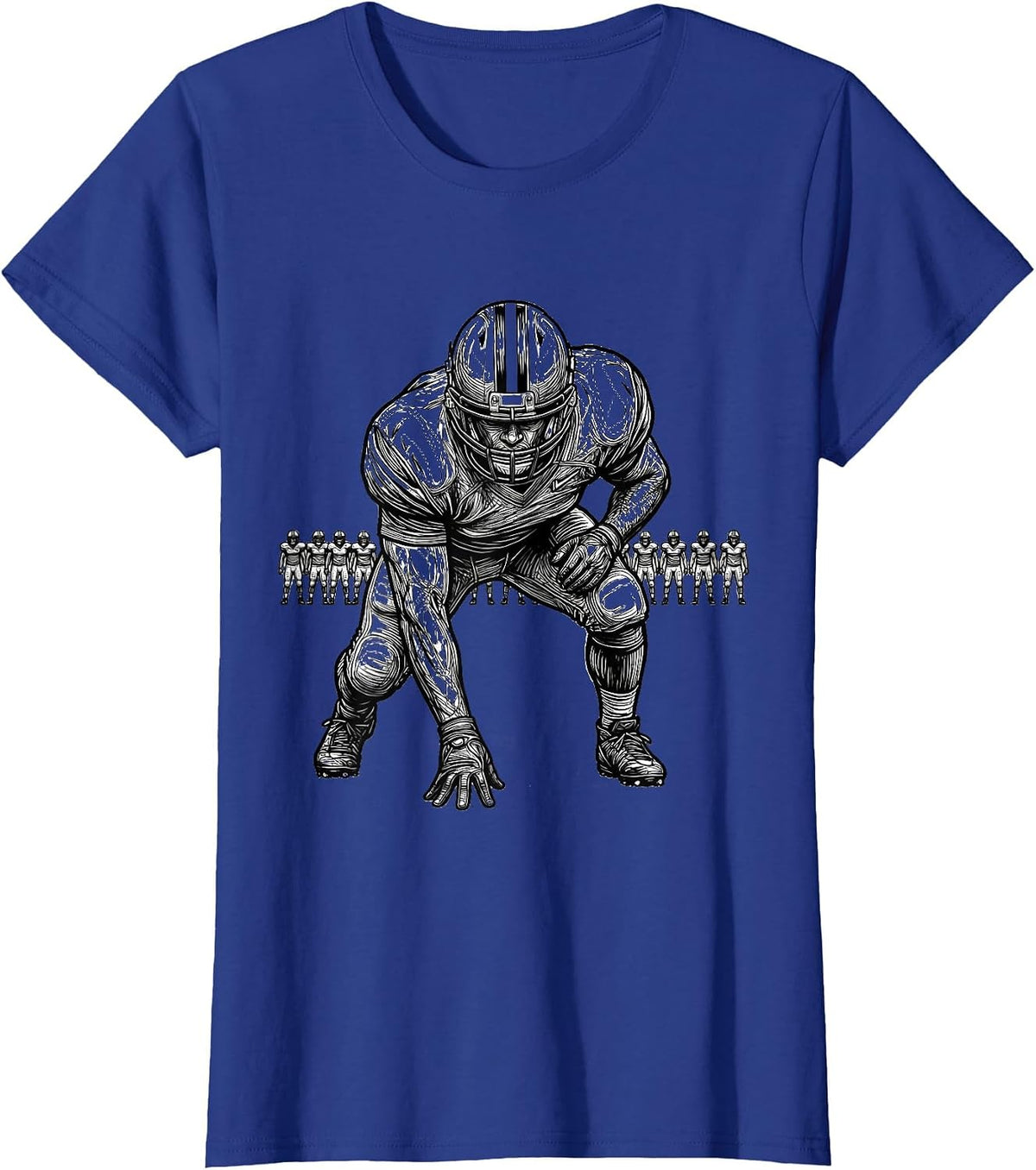 Women's Lineman Three-Point Stance Line Art Football Fan Humor T-Shirt - Royal Blue