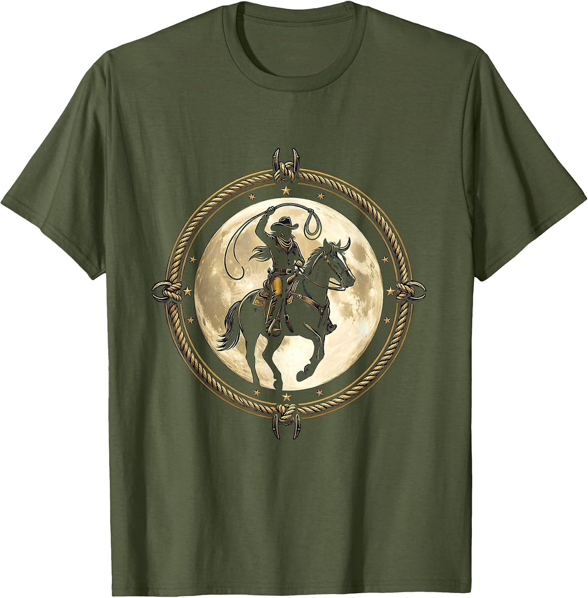 Cowgirl Silhouette Full Moon Western Graphic T-Shirt - Olive Green