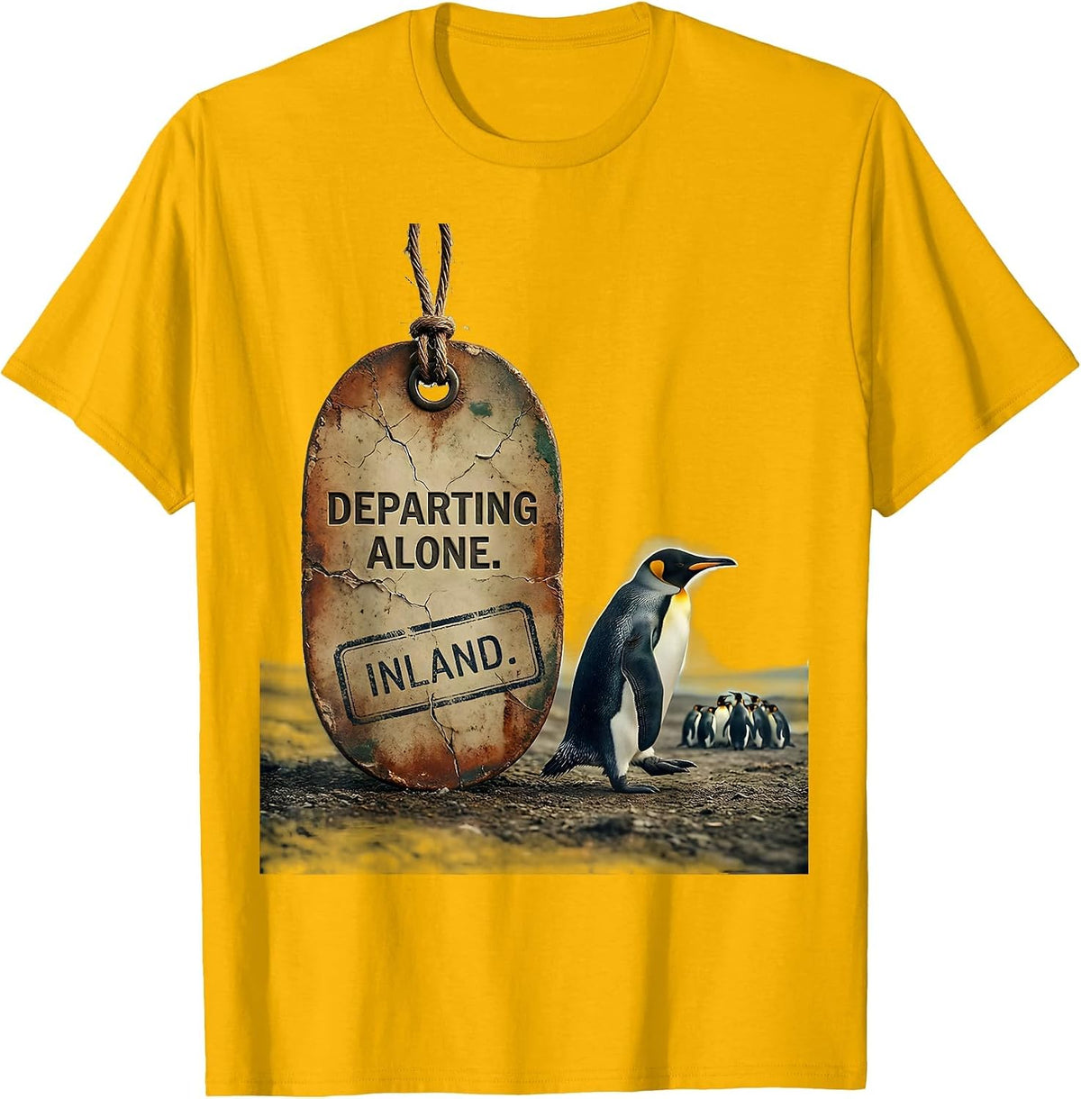 Men's Departing Alone Inland Vintage Penguin Lover Humor T-Shirt - Golden Yellow