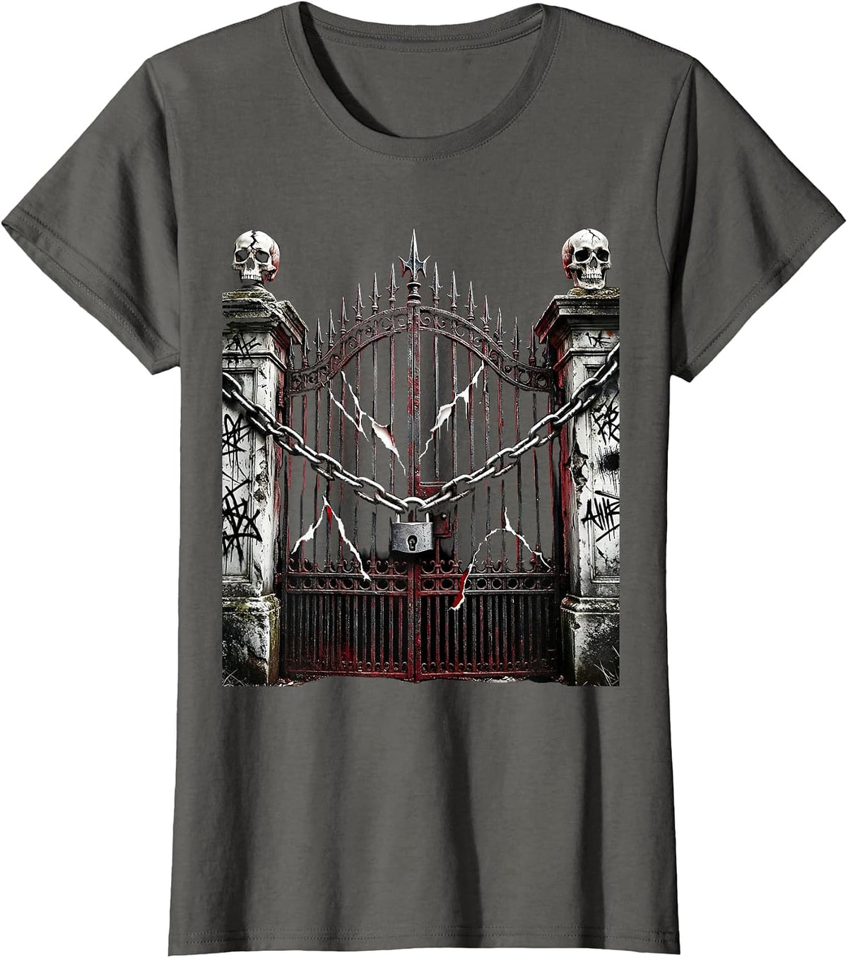 Women's Emo Cemetery Gate Wrapped in Chains Graphic T-Shirt - Asphalt Grey