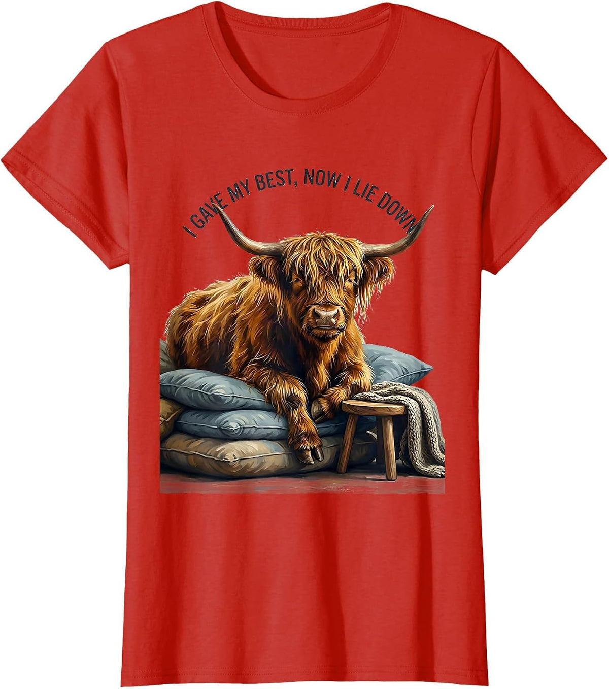 I Gave My Best, Now I Lie Down Highland Cow Cozy Whimsical T-Shirt - Red