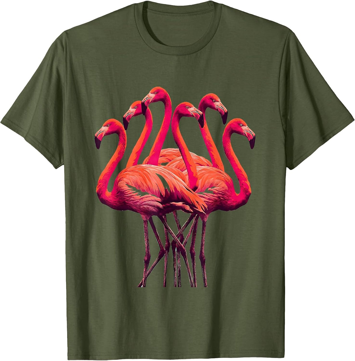 Men's Flamingo Crescent Screenprint Novelty Bird Humor T-Shirt - Olive Green