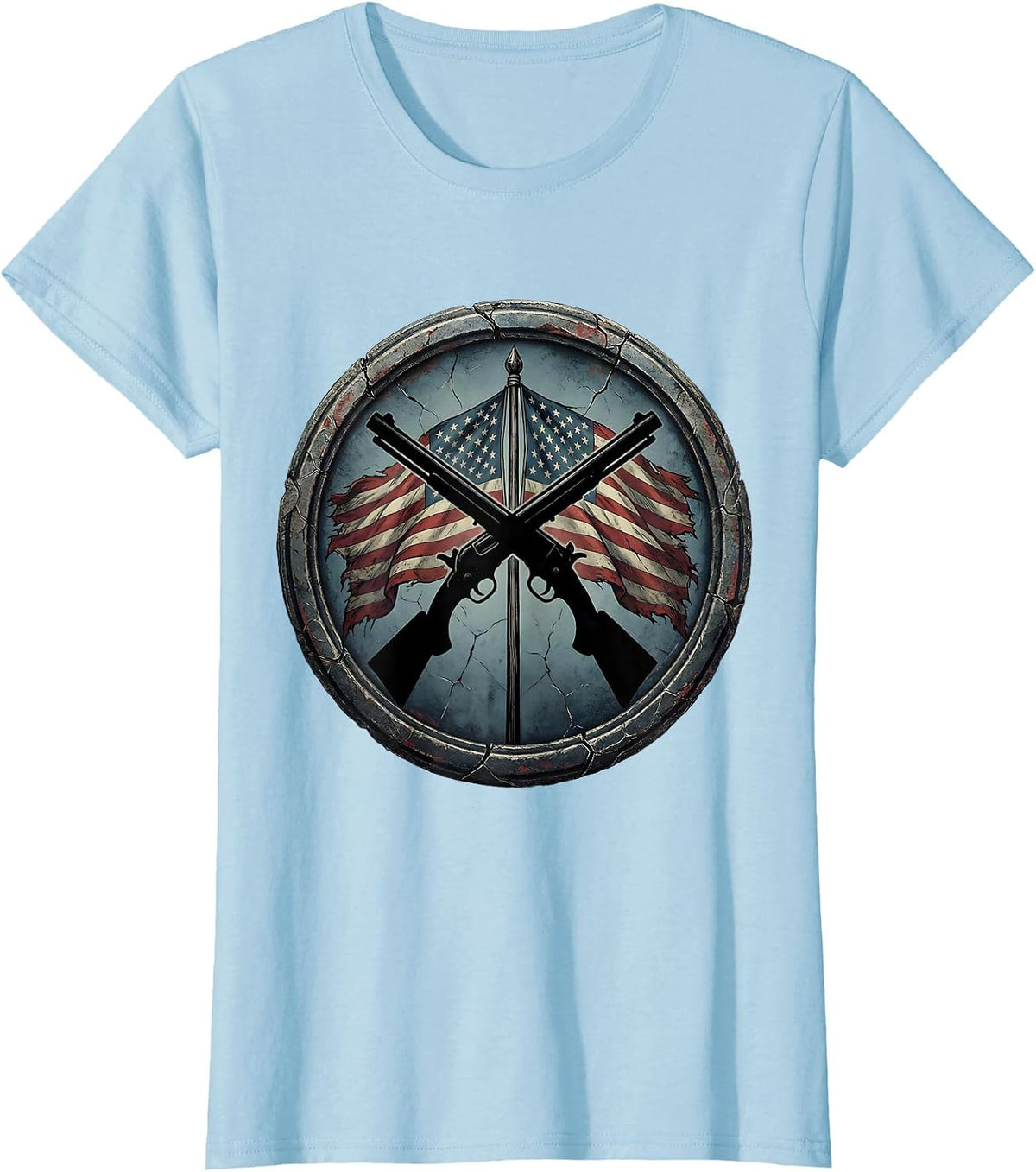Double Barrel Shotgun American Flag Crossed Graphic T-Shirt - Baby Blue